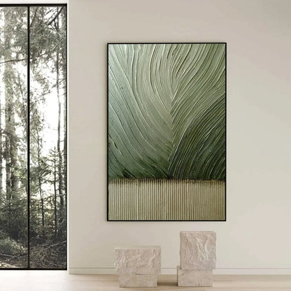 EARTHEN WEAVE: Textured Green and Beige Wabi Sabi Abstract Painting | black frame version on white wall