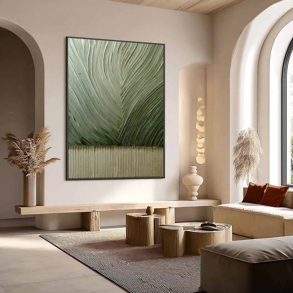EARTHEN WEAVE: Textured Green and Beige Wabi Sabi Abstract Painting | Abstract mood, soft natural light studio shot