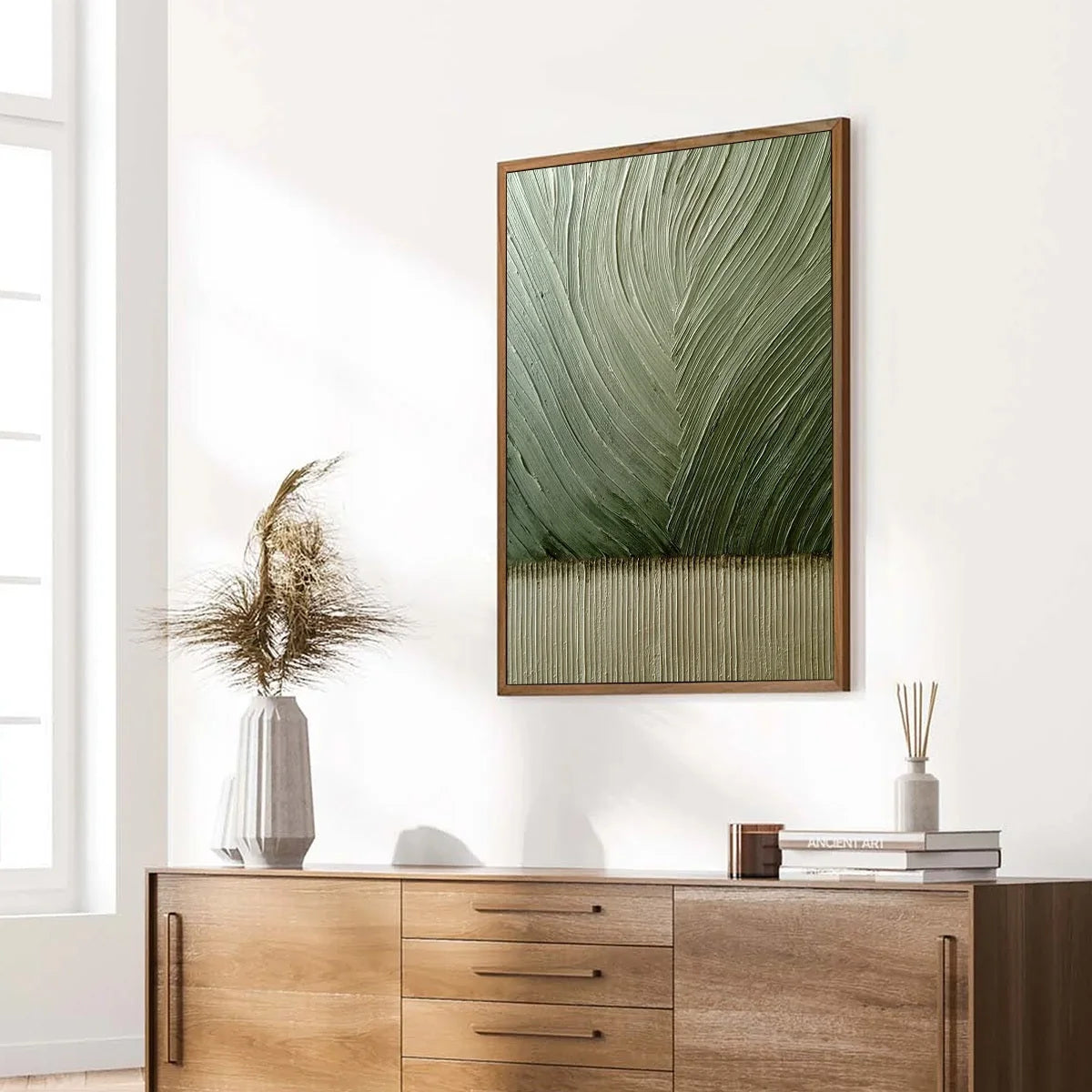 EARTHEN WEAVE: Textured Green and Beige Wabi Sabi Abstract Painting | green palette, original Hand-painted on premium stretched canvas using artist-grade oils; rich layered surface combines smooth ...