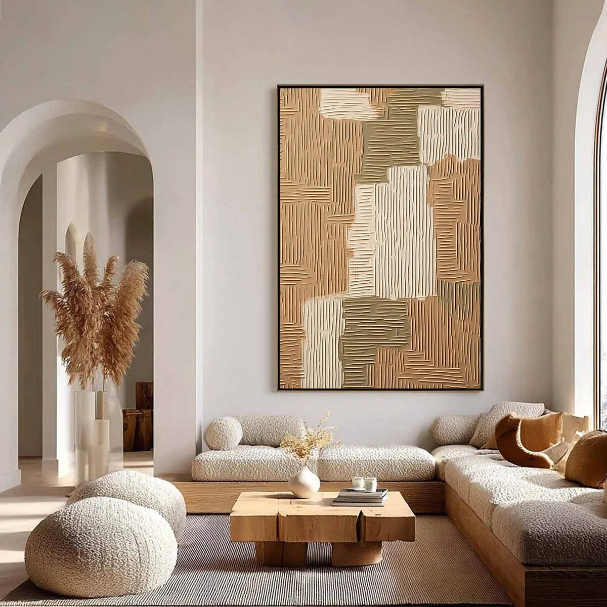EARTHEN WEAVE: Textured Wabi Sabi Abstract Painting in Neutral Tones | gold frame stretched on neutral wall