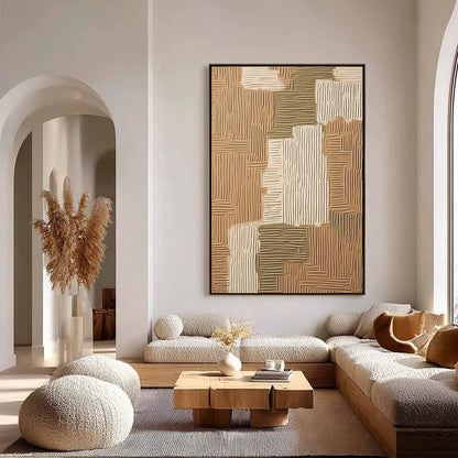 EARTHEN WEAVE: Textured Wabi Sabi Abstract Painting in Neutral Tones | gold frame stretched on neutral wall
