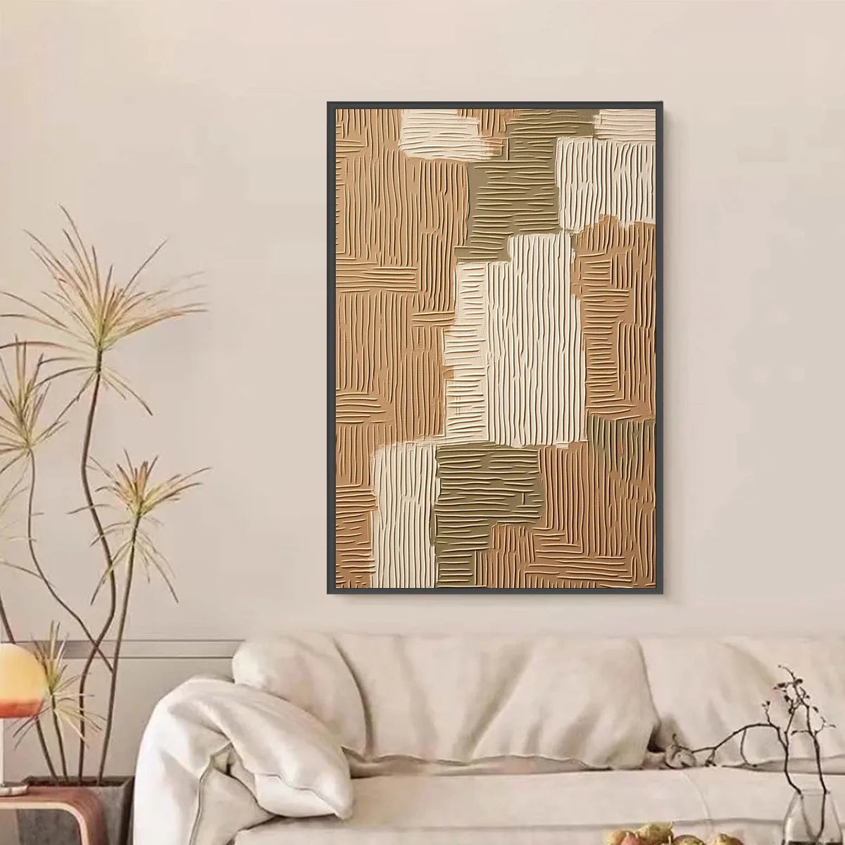 EARTHEN WEAVE: Textured Wabi Sabi Abstract Painting in Neutral Tones | black frame version on white wall