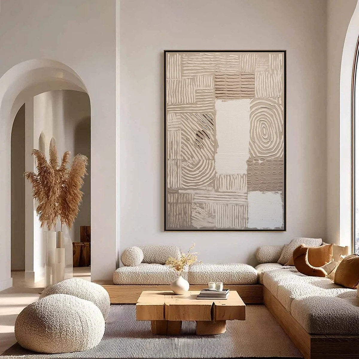 EARTHEN WEAVE: Textured Wabi Sabi Abstract Painting in Neutral Tones | gold frame stretched on neutral wall