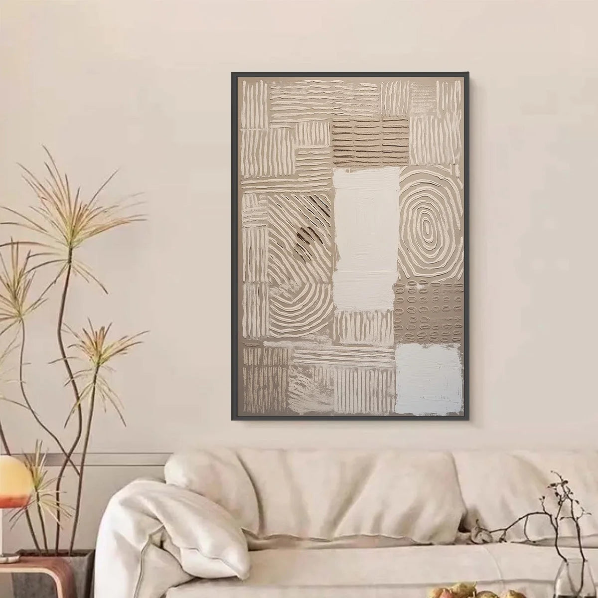 EARTHEN WEAVE: Textured Wabi Sabi Abstract Painting in Neutral Tones | black frame version on white wall