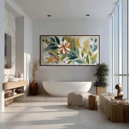 EARTHLY BLOOM: Textured Abstract Floral Impasto Painting | gold frame stretched on neutral wall
