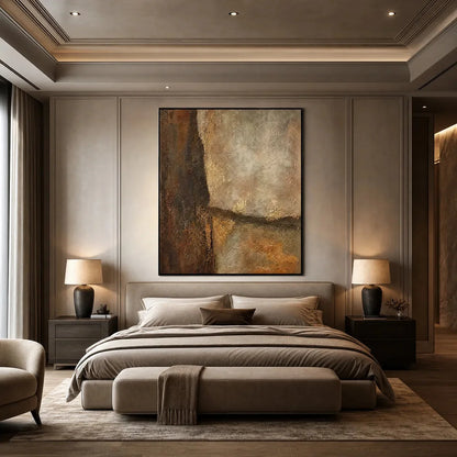 EARTH'S EMBRACE: Large Textured Earth Tone Abstract Wall Art | gold frame stretched on neutral wall