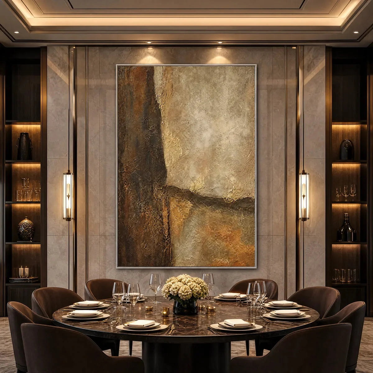 EARTH'S EMBRACE: Large Textured Earth Tone Abstract Wall Art | black frame version on white wall