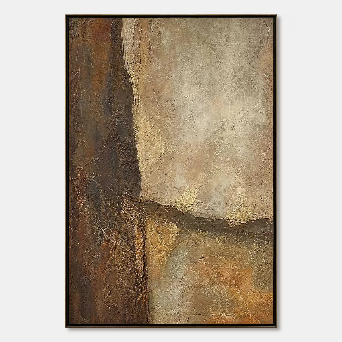 EARTH'S EMBRACE: Large Textured Earth Tone Abstract Wall Art | hanging in EARTH'S EMBRACE: Large Textured Earth Tone Abstract Wall Art featuring layered textured brushwork in refined tones; abstrac...