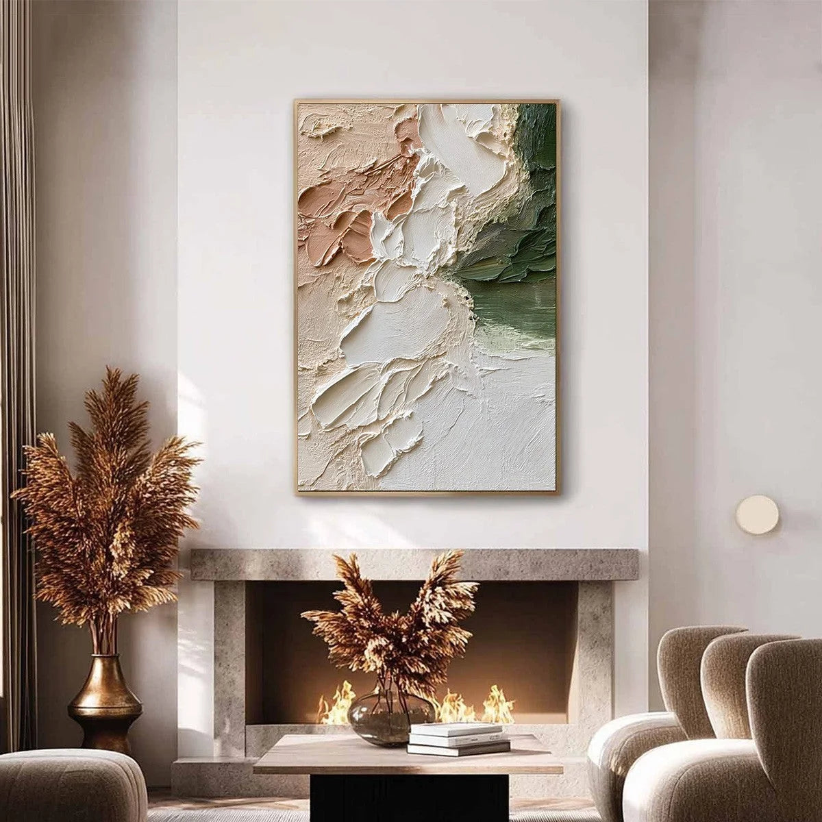EARTH'S EMBRACE: Textured Wabi Sabi Abstract Painting in Earth Tones | gold frame stretched on neutral wall