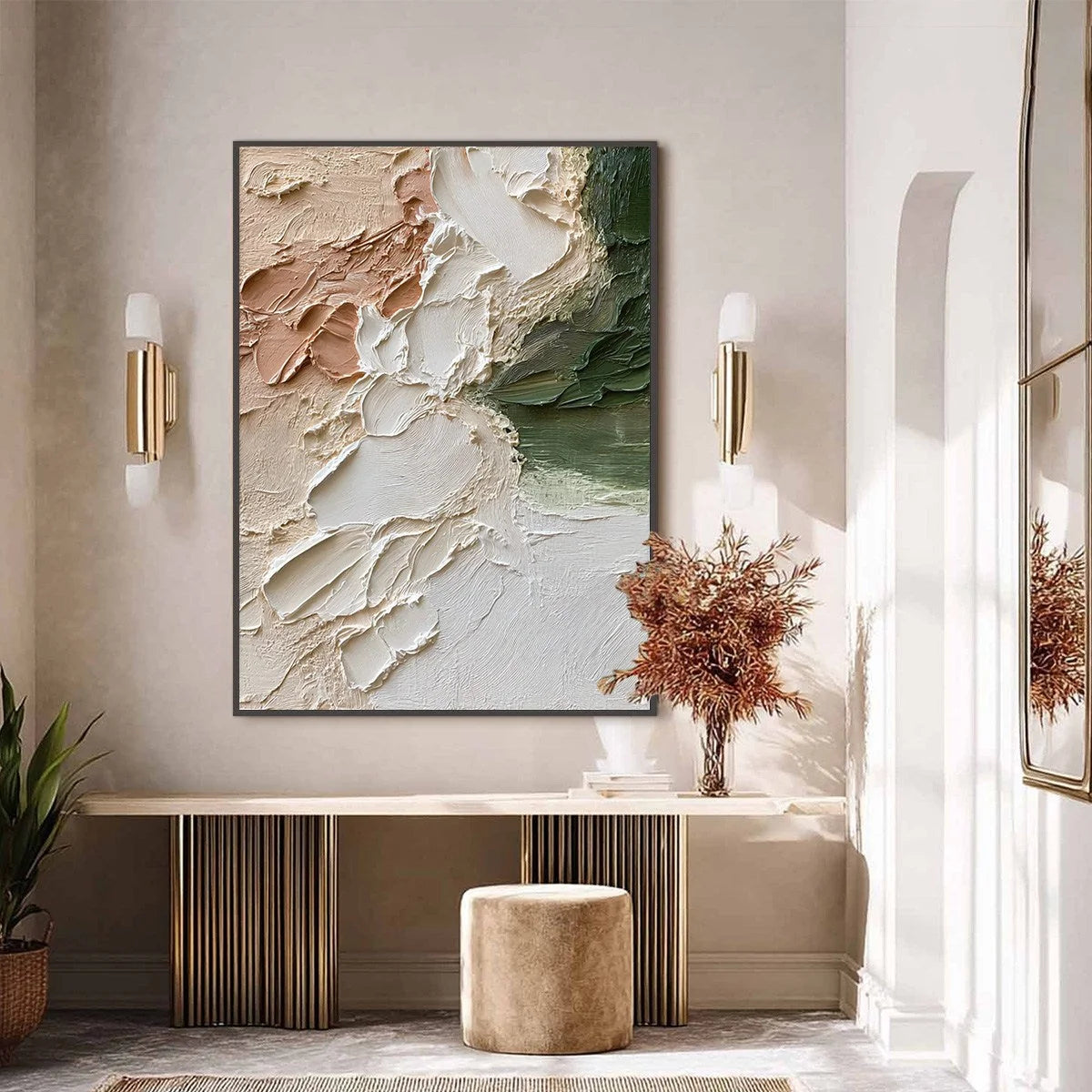 EARTH'S EMBRACE: Textured Wabi Sabi Abstract Painting in Earth Tones | black frame version on white wall