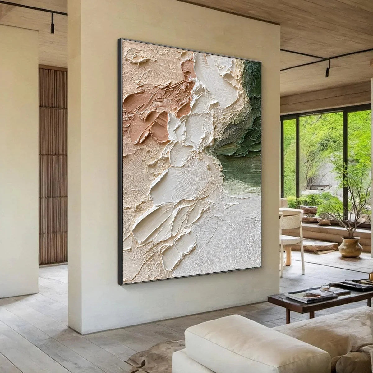 EARTH'S EMBRACE: Textured Wabi Sabi Abstract Painting in Earth Tones | Abstract mood, soft natural light studio shot
