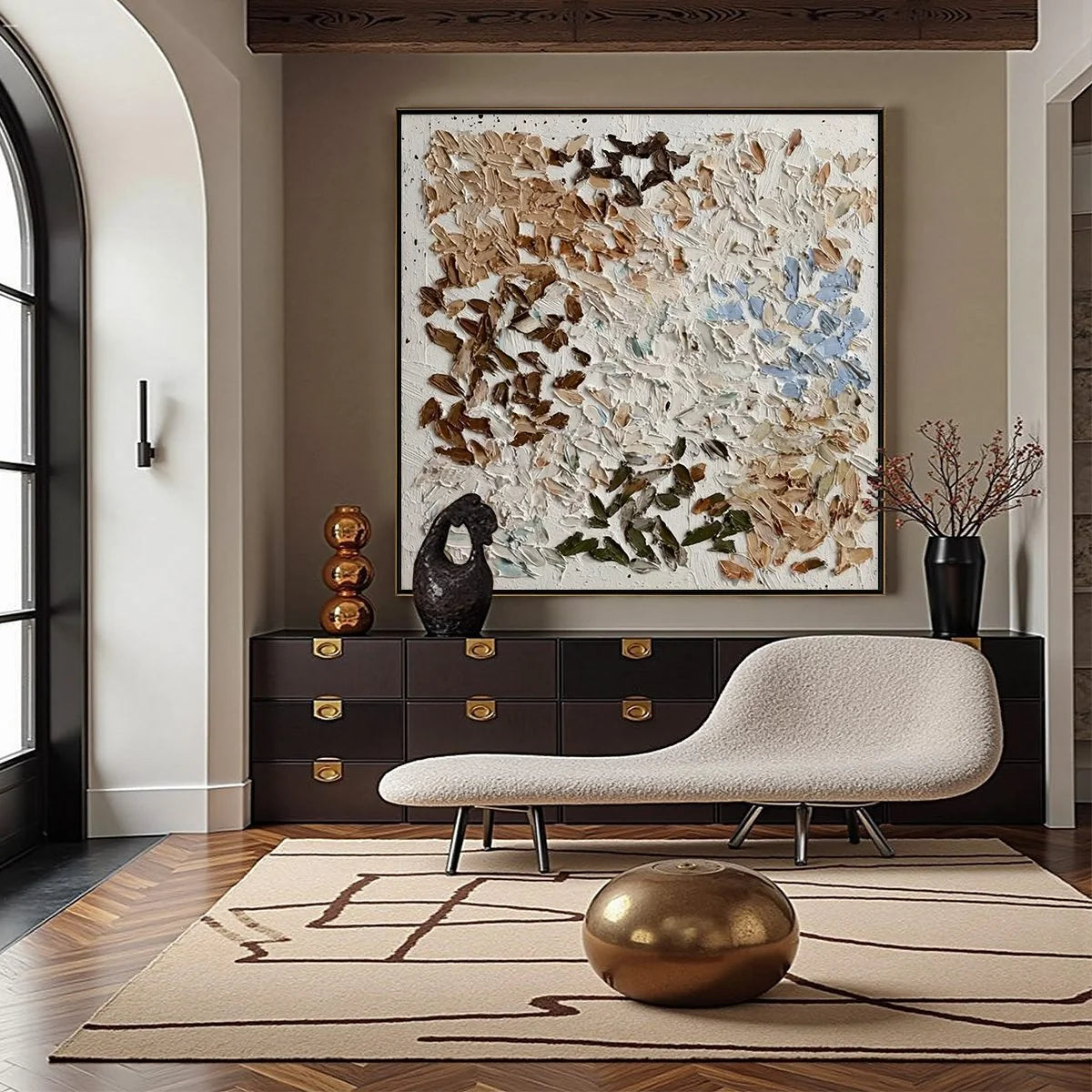 EARTH'S MOSAIC: Textured Wabi Sabi Abstract Impasto Painting | gold frame stretched on neutral wall