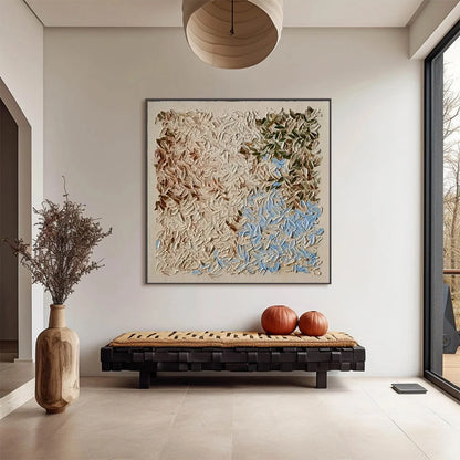 EARTH'S MOSAIC: Textured Wabi Sabi Abstract Landscape Oil Painting | gold frame stretched on neutral wall