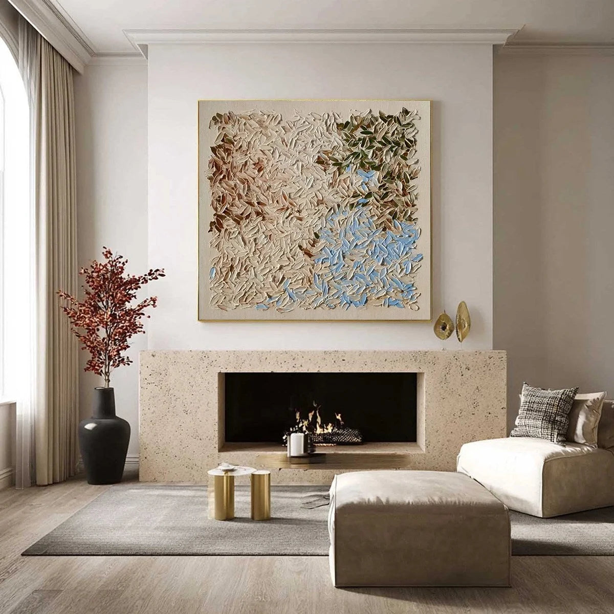 EARTH'S MOSAIC: Textured Wabi Sabi Abstract Landscape Oil Painting | black frame version on white wall