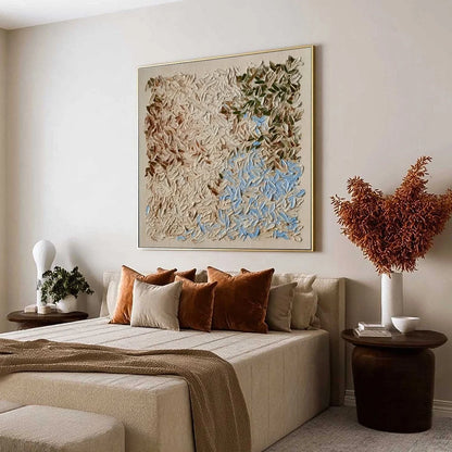 EARTH'S MOSAIC: Textured Wabi Sabi Abstract Landscape Oil Painting | Abstract mood, soft natural light studio shot