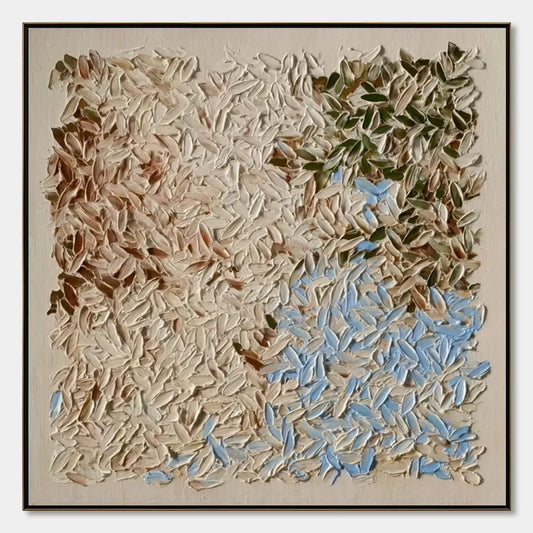 EARTH'S MOSAIC: Textured Wabi Sabi Abstract Landscape Oil Painting | hanging in EARTH'S MOSAIC: Textured Wabi Sabi Abstract Landscape Oil Painting featuring layered textured brushwork in refined to...
