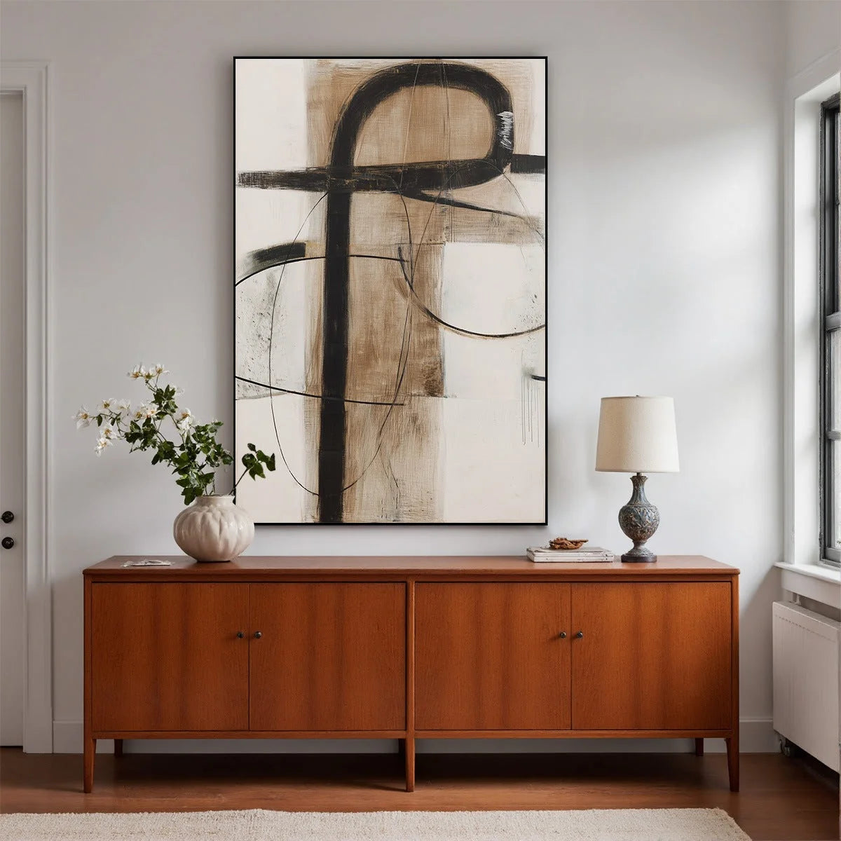 EARTHY ABSTRACT: Minimalist Abstract Oil Painting in Browns | gold frame stretched on neutral wall
