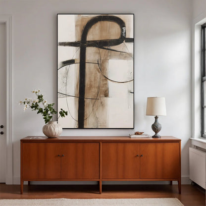 EARTHY ABSTRACT: Minimalist Abstract Oil Painting in Browns | gold frame stretched on neutral wall