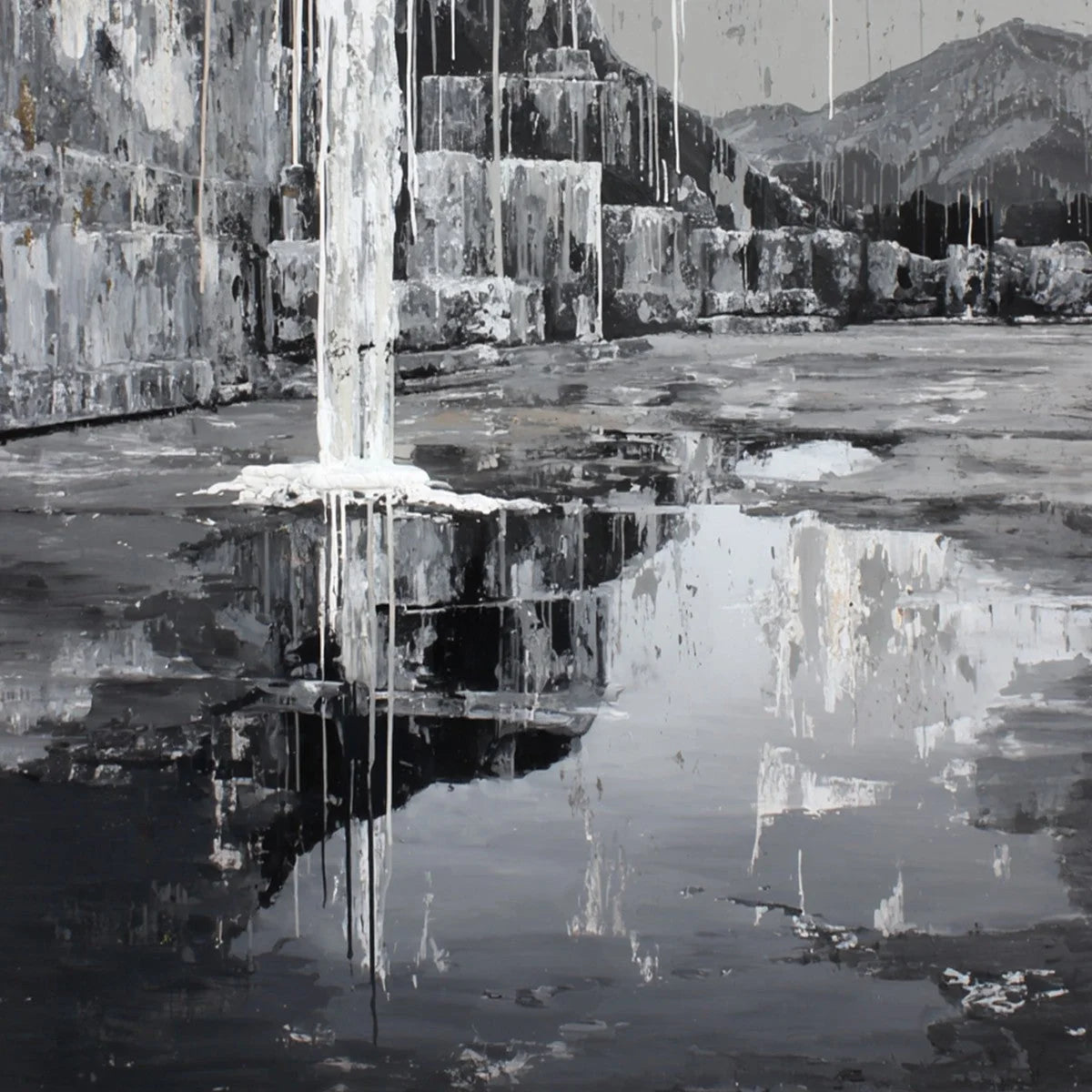 ECHO CHAMBER: Monochromatic Industrial Abstract Landscape Painting | rectangular format, hand-painted canvas edge