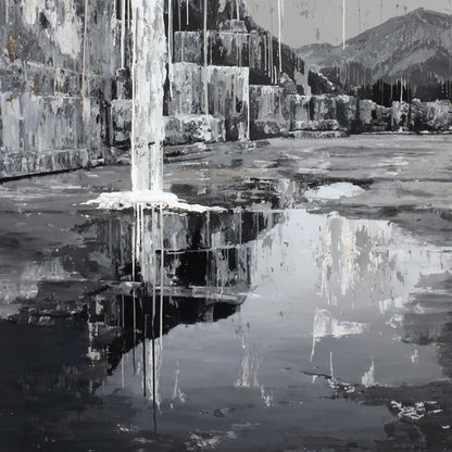 ECHO CHAMBER: Monochromatic Industrial Abstract Landscape Painting | rectangular format, hand-painted canvas edge