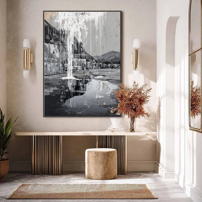 ECHO CHAMBER: Monochromatic Industrial Abstract Landscape Painting | gold frame stretched on neutral wall