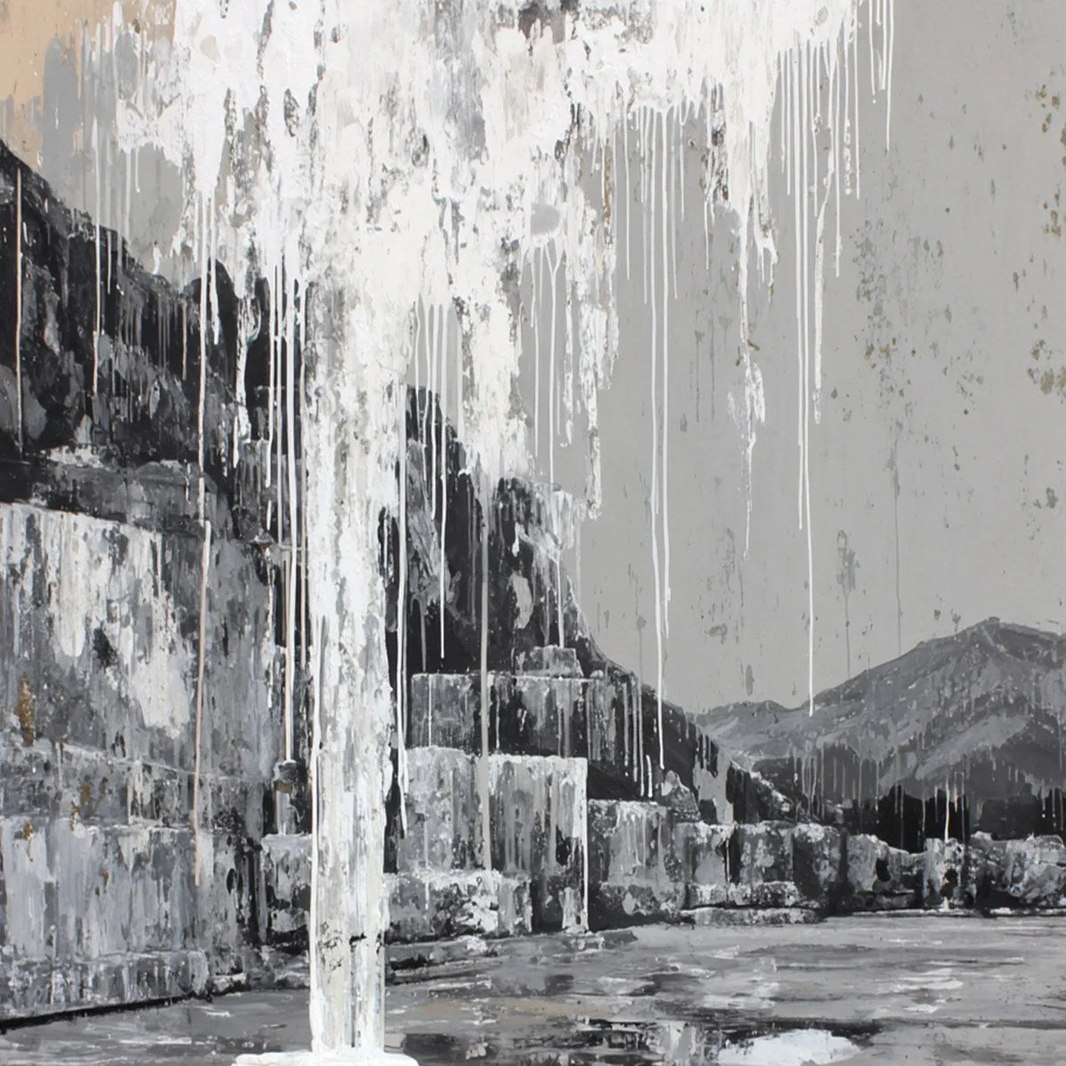 ECHO CHAMBER: Monochromatic Industrial Abstract Landscape Painting | rolled canvas, ready for custom framing