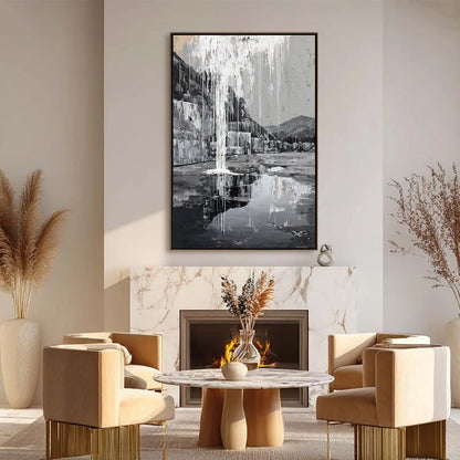 ECHO CHAMBER: Monochromatic Industrial Abstract Landscape Painting | black frame version on white wall