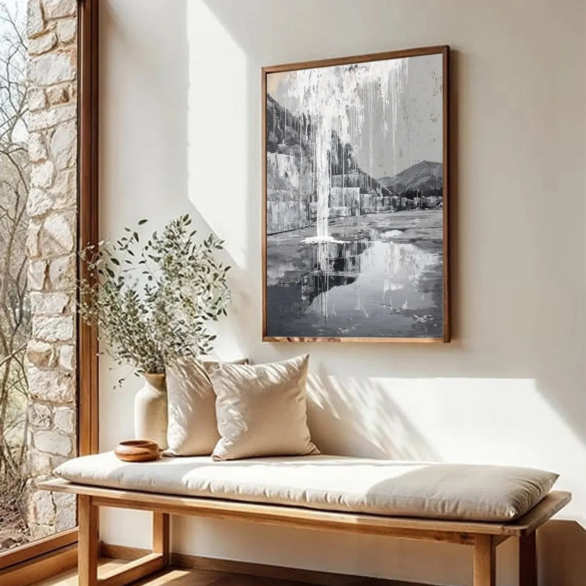 ECHO CHAMBER: Monochromatic Industrial Abstract Landscape Painting | Abstract mood, soft natural light studio shot