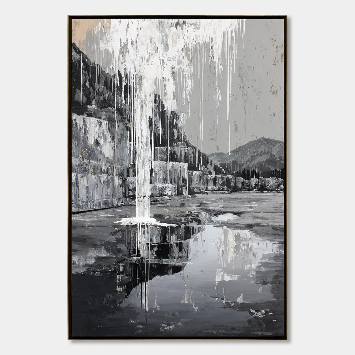 ECHO CHAMBER: Monochromatic Industrial Abstract Landscape Painting | hanging in ECHO CHAMBER: Monochromatic Industrial Abstract Landscape Painting featuring layered textured brushwork in refined to...