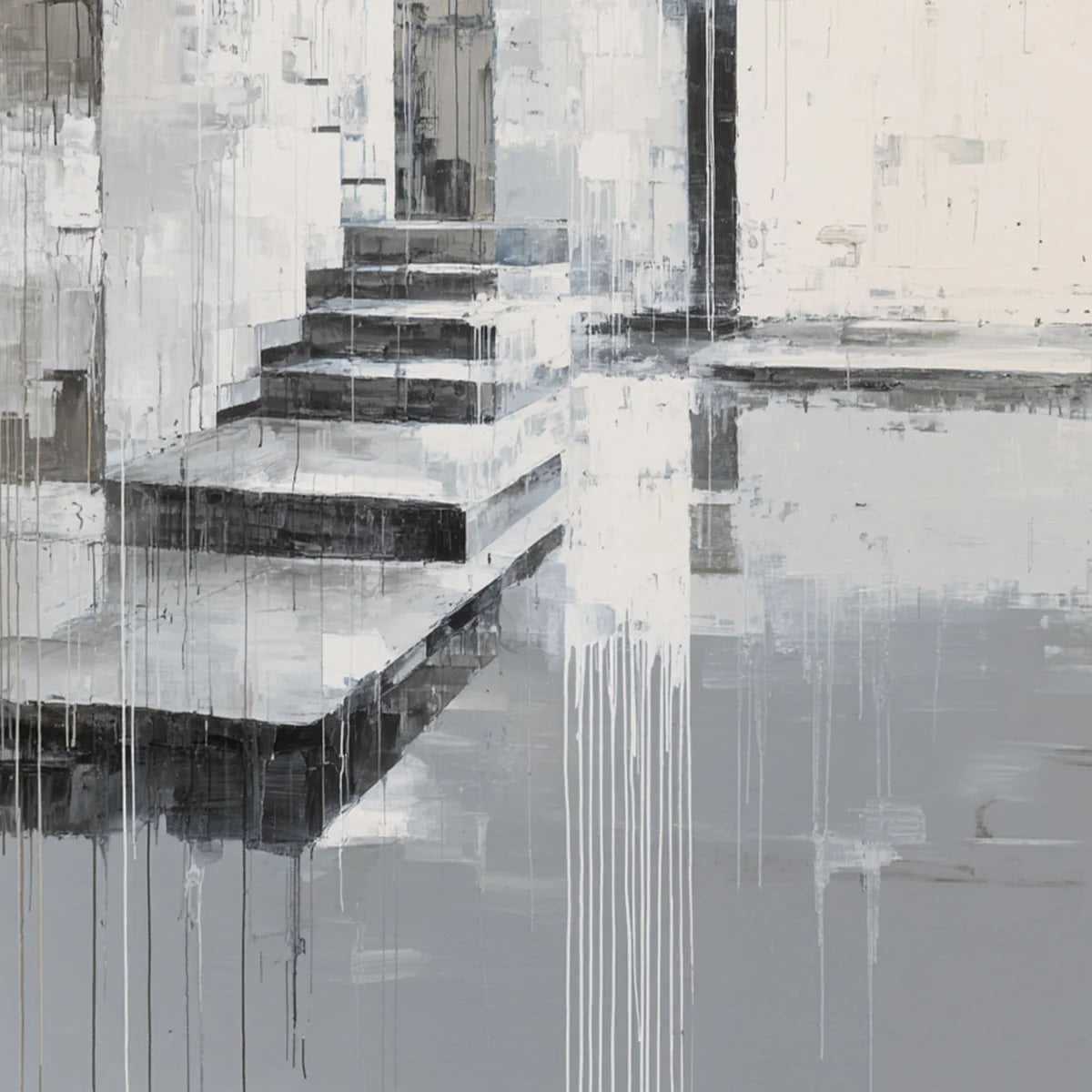 ECHOES IN CONCRETE: Monochrome Abstract Architectural Painting | rectangular format, hand-painted canvas edge