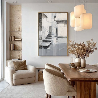 ECHOES IN CONCRETE: Monochrome Abstract Architectural Painting | gold frame stretched on neutral wall