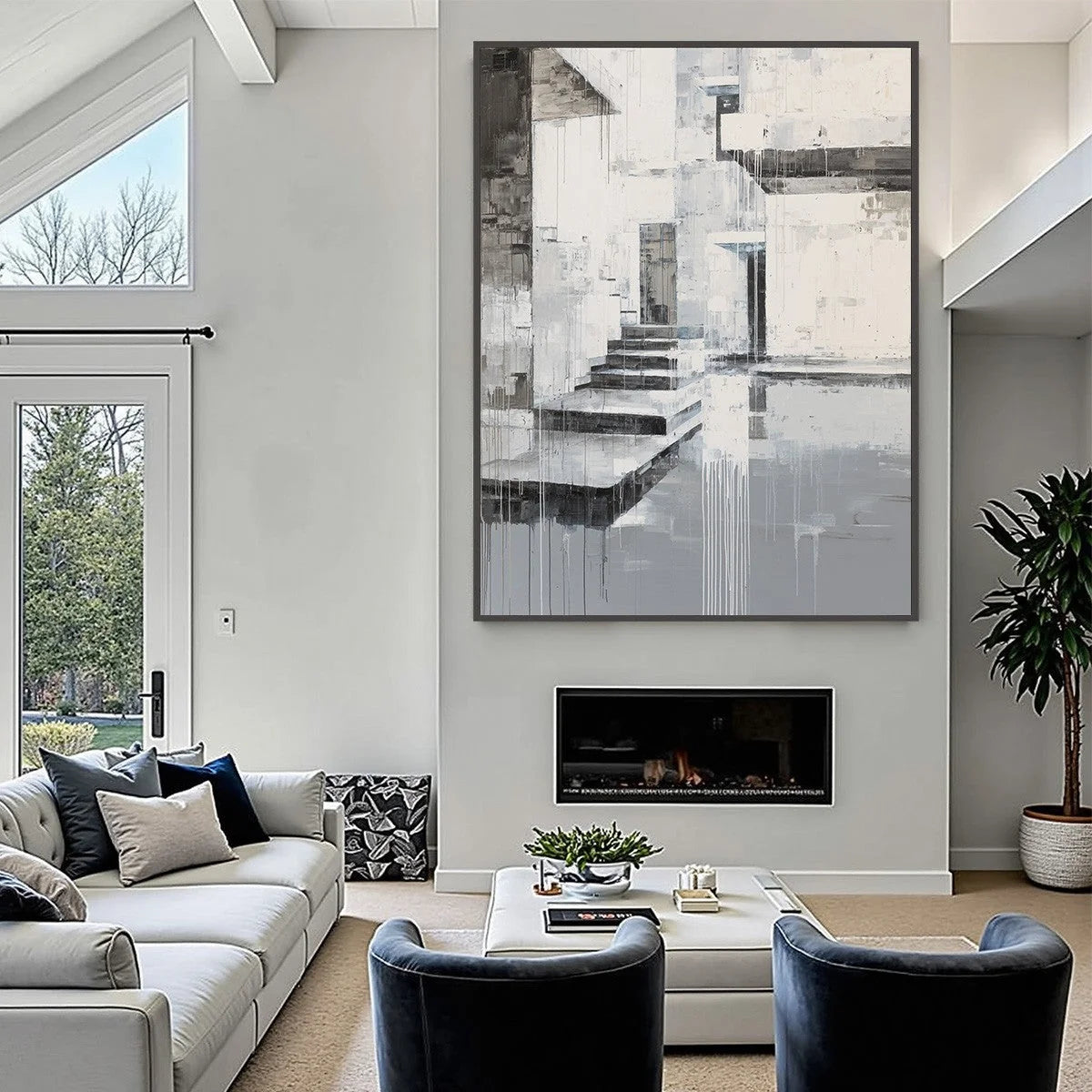 ECHOES IN CONCRETE: Monochrome Abstract Architectural Painting | black frame version on white wall