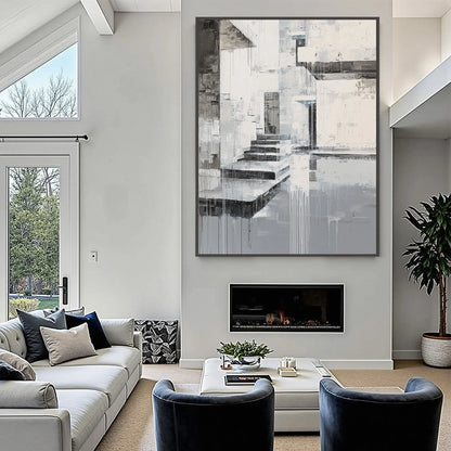 ECHOES IN CONCRETE: Monochrome Abstract Architectural Painting | black frame version on white wall