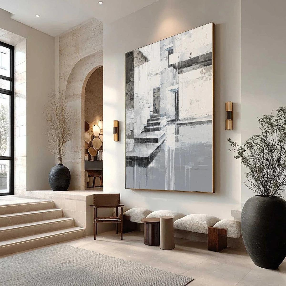 ECHOES IN CONCRETE: Monochrome Abstract Architectural Painting | Abstract mood, soft natural light studio shot