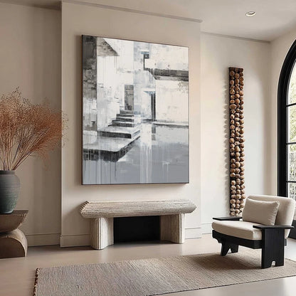 ECHOES IN CONCRETE: Monochrome Abstract Architectural Painting | beige palette, original Hand-painted on premium stretched canvas using artist-grade oils; rich layered surface combines smooth gradi...