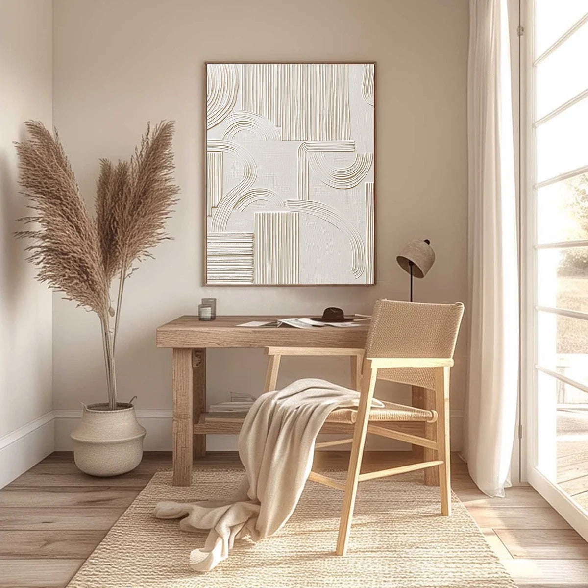 ECHOES IN SILENCE: Textured Wabi-Sabi Minimalist Abstract Wall Art | gold frame stretched on neutral wall