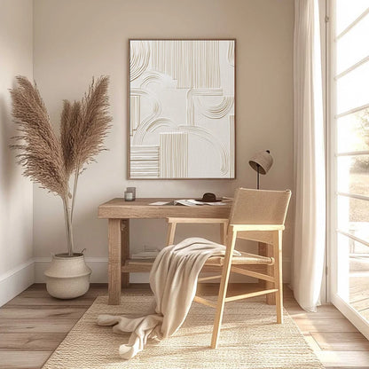ECHOES IN SILENCE: Textured Wabi-Sabi Minimalist Abstract Wall Art | gold frame stretched on neutral wall