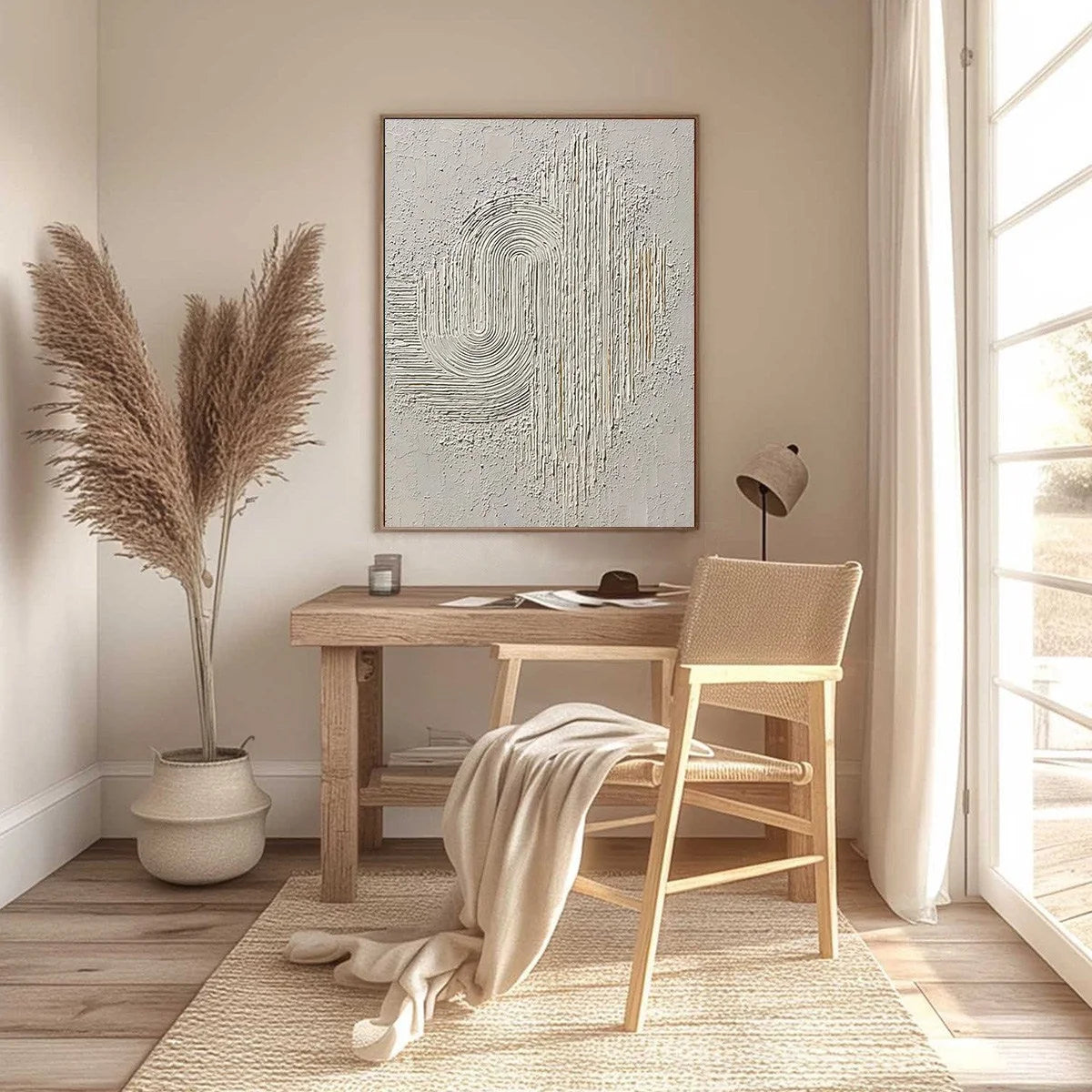 Echoes in Silence: Textured White Abstract Wabi Sabi Wall Art | gold frame stretched on neutral wall