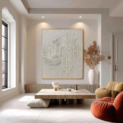Echoes in Silence: Textured White Abstract Wabi Sabi Wall Art | black frame version on white wall