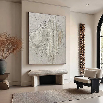 Echoes in Silence: Textured White Abstract Wabi Sabi Wall Art | beige palette, original Hand-painted on premium stretched canvas using artist-grade oils; rich layered surface combines smooth gradie...