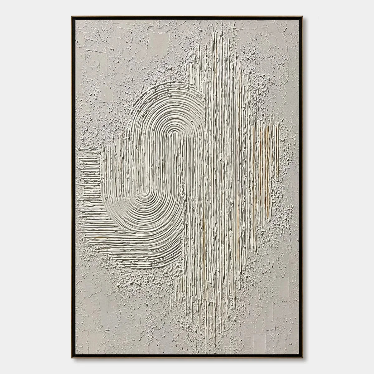 Echoes in Silence: Textured White Abstract Wabi Sabi Wall Art | hanging in Echoes in Silence: Textured White Abstract Wabi Sabi Wall Art featuring layered textured brushwork in refined tones; abstr...