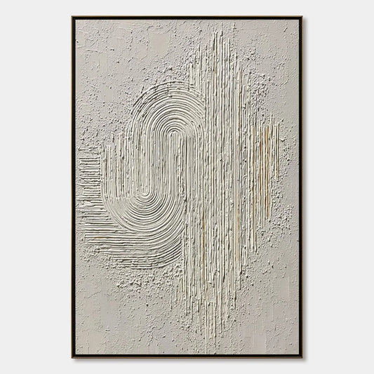 Echoes in Silence: Textured White Abstract Wabi Sabi Wall Art | hanging in Echoes in Silence: Textured White Abstract Wabi Sabi Wall Art featuring layered textured brushwork in refined tones; abstr...