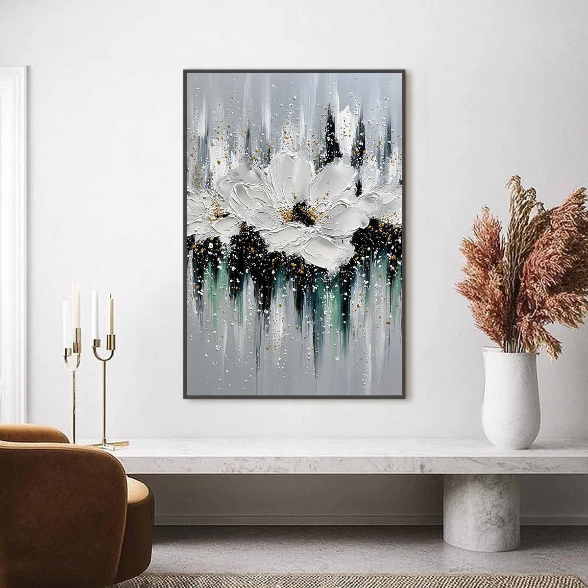 ECHOES IN WHITE: Textured White Flower Impasto Oil Painting with Gold Accents | Abstract closeup, raised brushwork detail