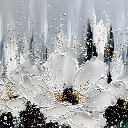 ECHOES IN WHITE: Textured White Flower Impasto Oil Painting with Gold Accents | rectangular format, hand-painted canvas edge