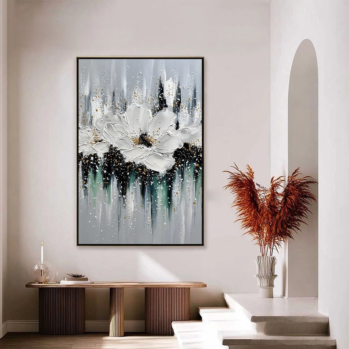 ECHOES IN WHITE: Textured White Flower Impasto Oil Painting with Gold Accents | gold frame stretched on neutral wall