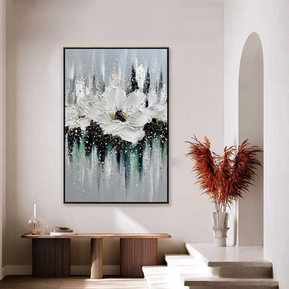 ECHOES IN WHITE: Textured White Flower Impasto Oil Painting with Gold Accents | gold frame stretched on neutral wall