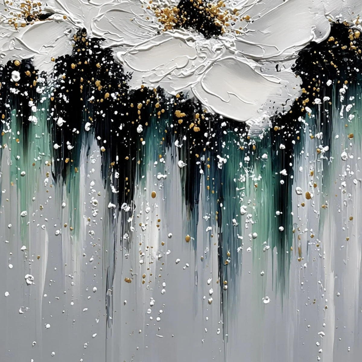 ECHOES IN WHITE: Textured White Flower Impasto Oil Painting with Gold Accents | rolled canvas, ready for custom framing