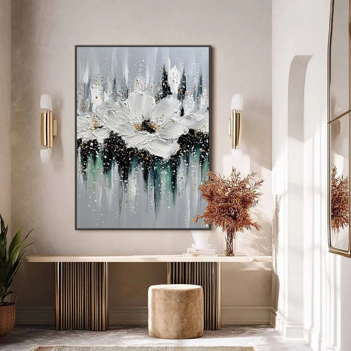 ECHOES IN WHITE: Textured White Flower Impasto Oil Painting with Gold Accents | black frame version on white wall