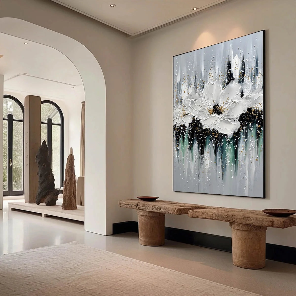 ECHOES IN WHITE: Textured White Flower Impasto Oil Painting with Gold Accents | Abstract mood, soft natural light studio shot