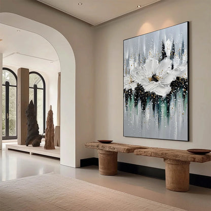 ECHOES IN WHITE: Textured White Flower Impasto Oil Painting with Gold Accents | Abstract mood, soft natural light studio shot